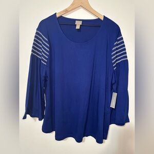 Chico’s Smocked Wide 3/4 Sleeve Top Size 4 Pullover Scoop Neck Color Blue